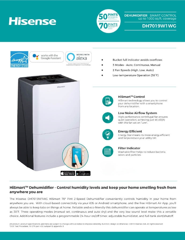 Hisense 70-Pint Capacity, for 1000 sq. ft., 2-Speed HiSmart Dehumidifier, Removable, washable air filter, up to 1000 sq ft - DH7019KP1WG