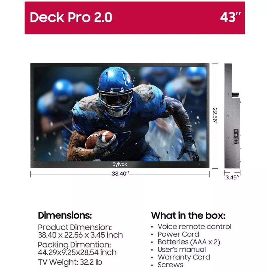 SYLVOX 43" Outdoor TV, 1000nits Google Smart TV Built-in Google Assistant, Chromecast, IP55 Waterproof Outside TV OT43A2KHGD