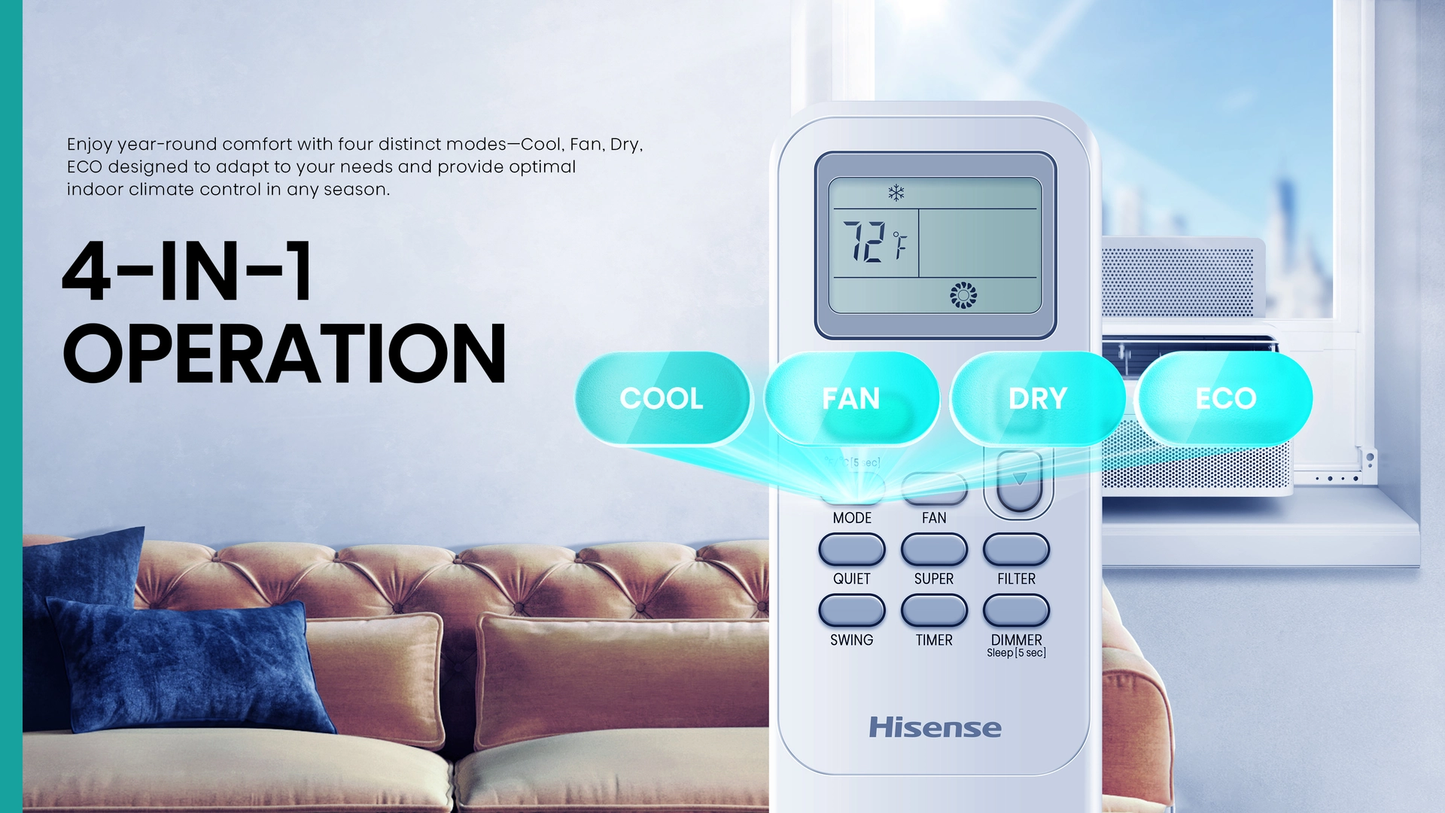 Hisense 8,000 BTU Smart Inverter Window Air Conditioner with Easy Install Bracket, Covers Up to 350 Sq Ft, Ultra-Slim Profile, 3 Fan Speeds