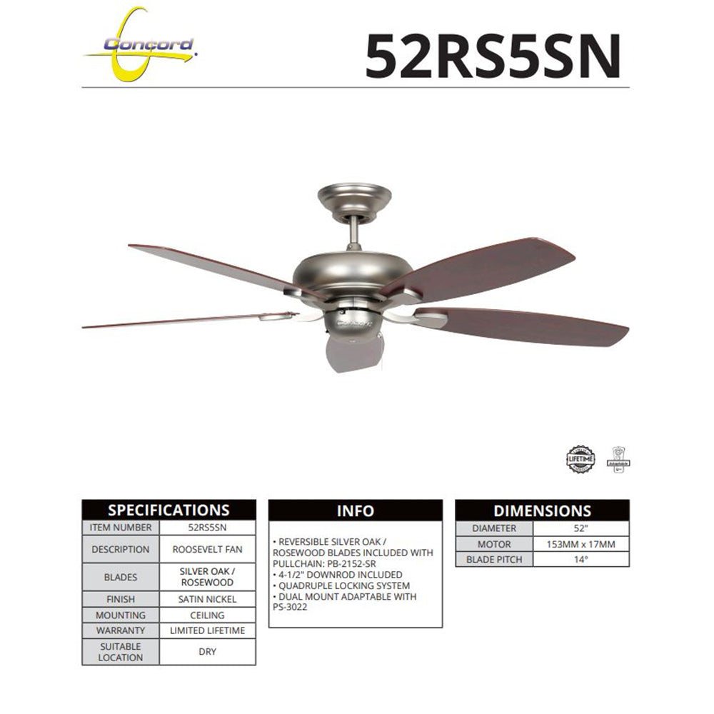 Concord Fans 52" Roosevelt Ceiling Fan Satin Nickel - 52RS5SN