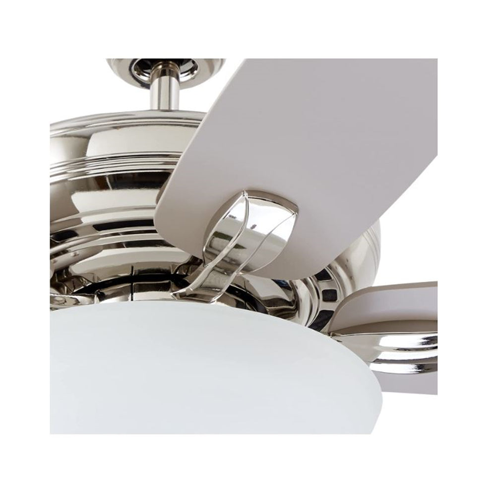 kathy ireland HOME Ashland LED Ceiling Fan with Light Kit | 52 Inch Fixture with 5 Blades, Removable Glass Shade, and Pull Chain | Low Profile Hugger with Dual Mount and Downrod, Polished Nickel