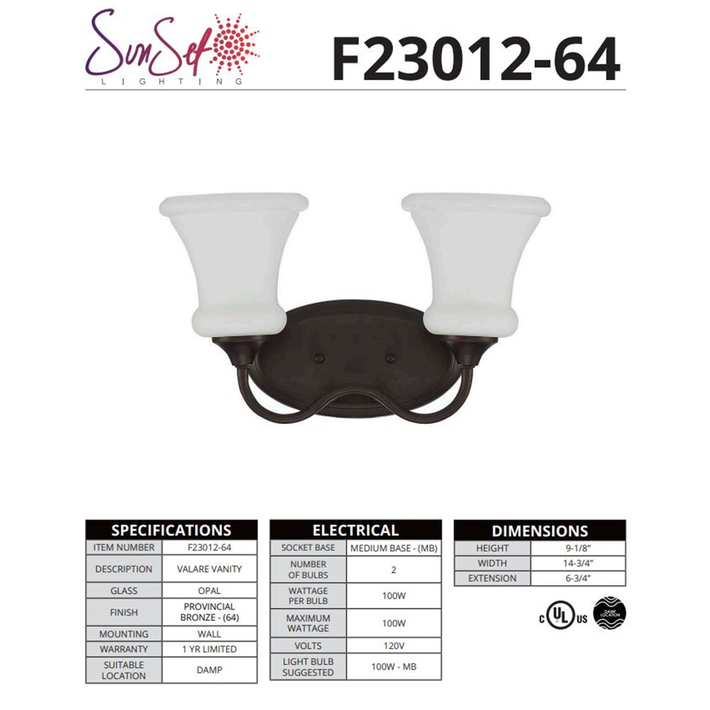 Sunset Valare 2-Light 100W MB Vanity Provincial Bronze F23012-64