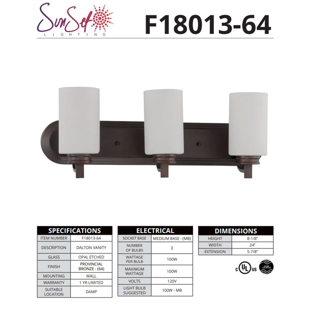 Sunset Lighting Dalton 3-Light Vanity 100W Provincial Bronze - F18013-64