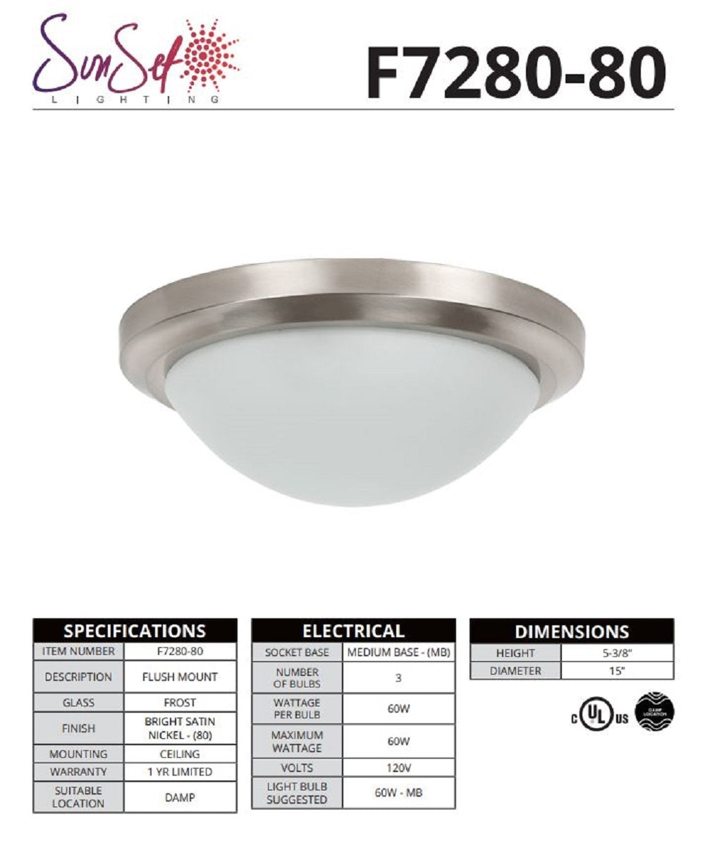 Luminance 15" Contemporary 3-Light 60W Flush Mount Light Bright Satin Nickel Finish F7280-80