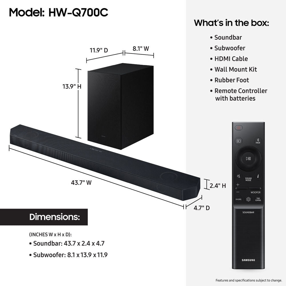 Samsung Q Series HW-Q700C/ZA 3.1.2-Channel Dolby Atmos Soundbar System Black