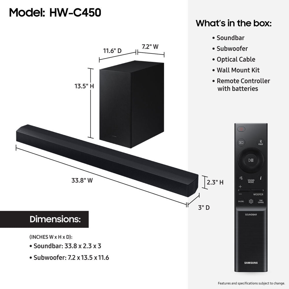 Samsung 300W 2.1 Channel DTS Virtual:X Soundbar System HW-C450/ZA