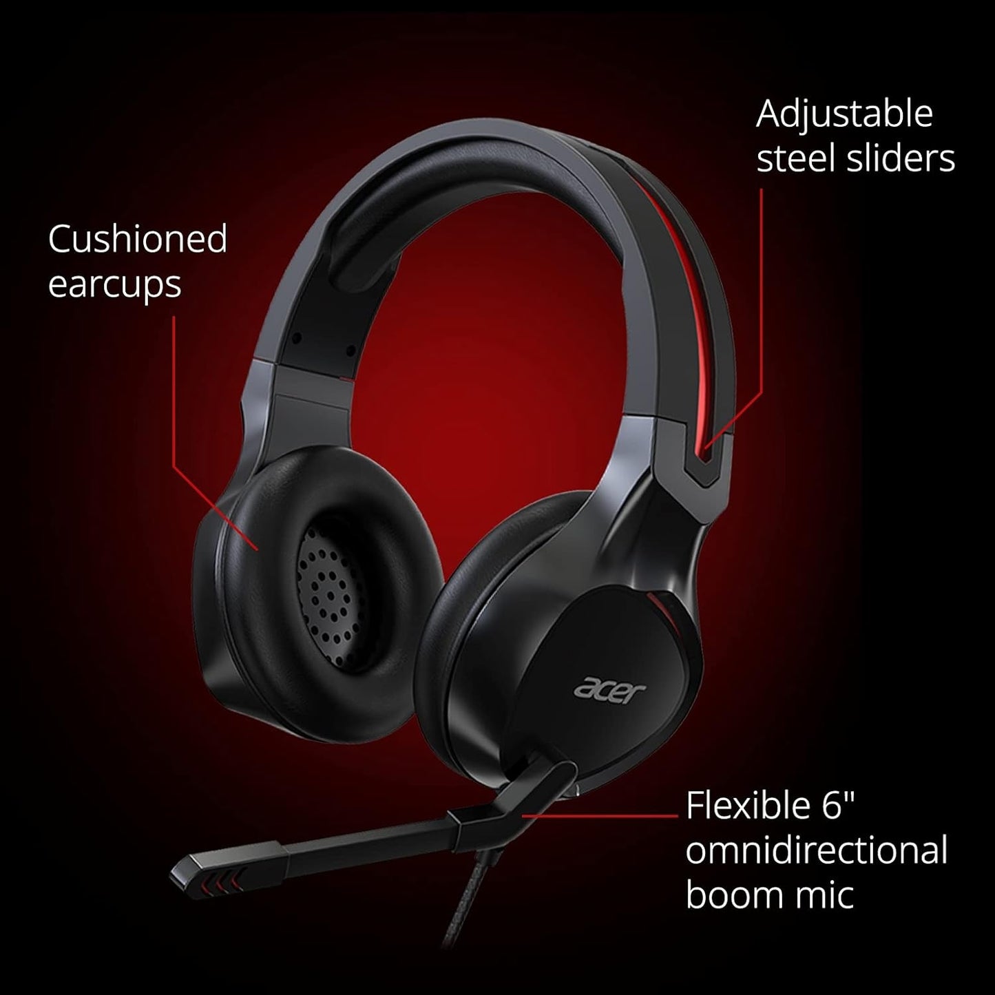 Acer Nitro Gaming Headset with Flexible Omnidirectional Mic, Adjustable Headband, Black NHW820