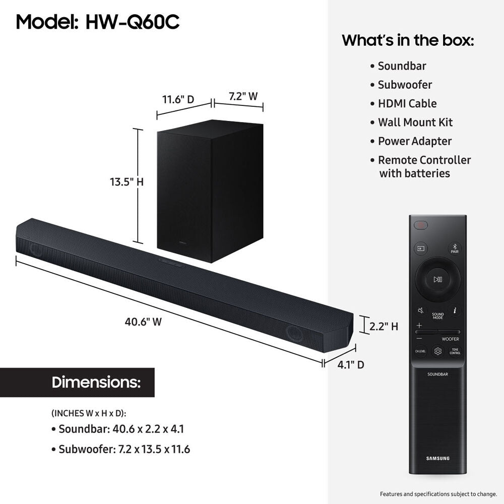 Samsung Soundbar 3.1Ch 340W w/ Wireless Subwoofer HDMI eARC Black HW-Q6CC/ZA