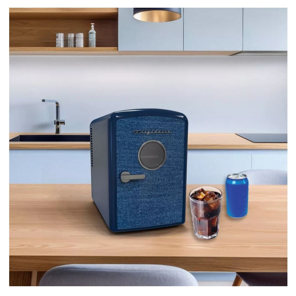 Frigidaire 9 Can Denim Retro Beverage Portable Mini Refrigerator EFMIS199INDIGO
