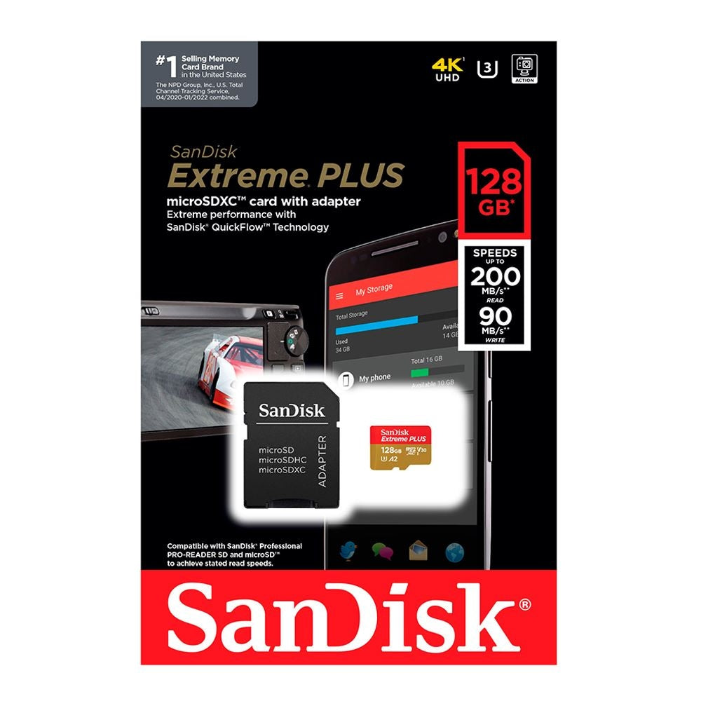 Sandisk 128GB Extreme PLUS microSDXC Class 10 A2 UHS-3 V30 Flash Memory Card with Adapter SDSQXBD-128G