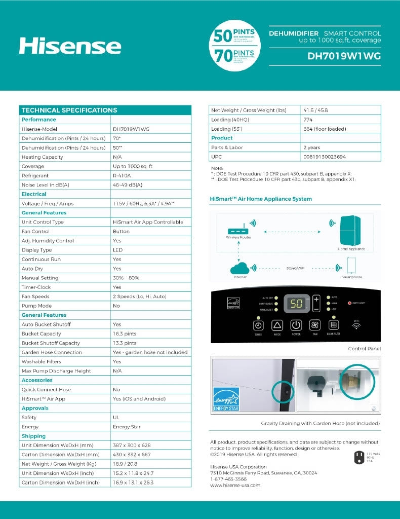 Hisense 70-Pint Capacity, for 1000 sq. ft., 2-Speed HiSmart Dehumidifier, Removable, washable air filter, up to 1000 sq ft - DH7019KP1WG