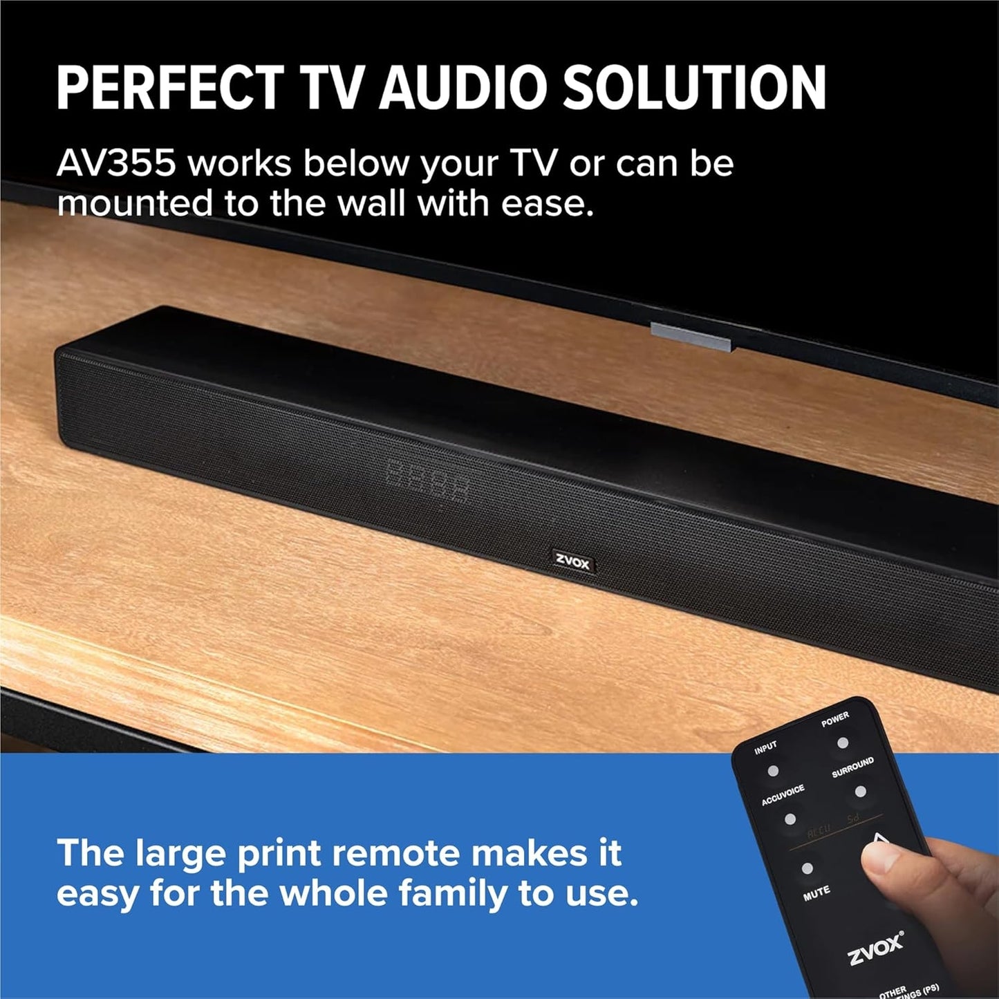 ZVOX AccuVoice AV355 Low-Profile Soundbar, 12 Levels of Voice Boost, Ultimate Low-Profile TV Speakers Soundbar with AccuVoice