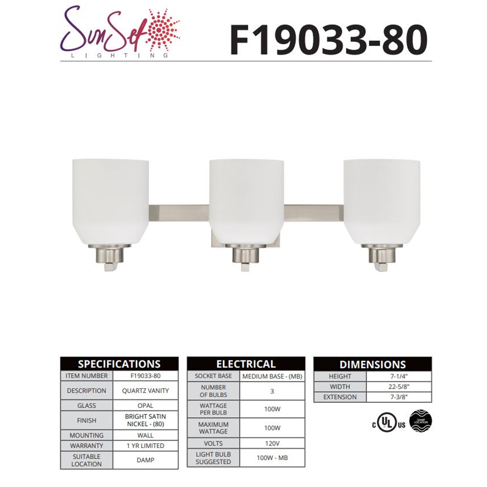 Sunset Lighting F19033-80 Quartz 3-Light Vanity, Opal Glass Dimmable Bright Satin Nickel