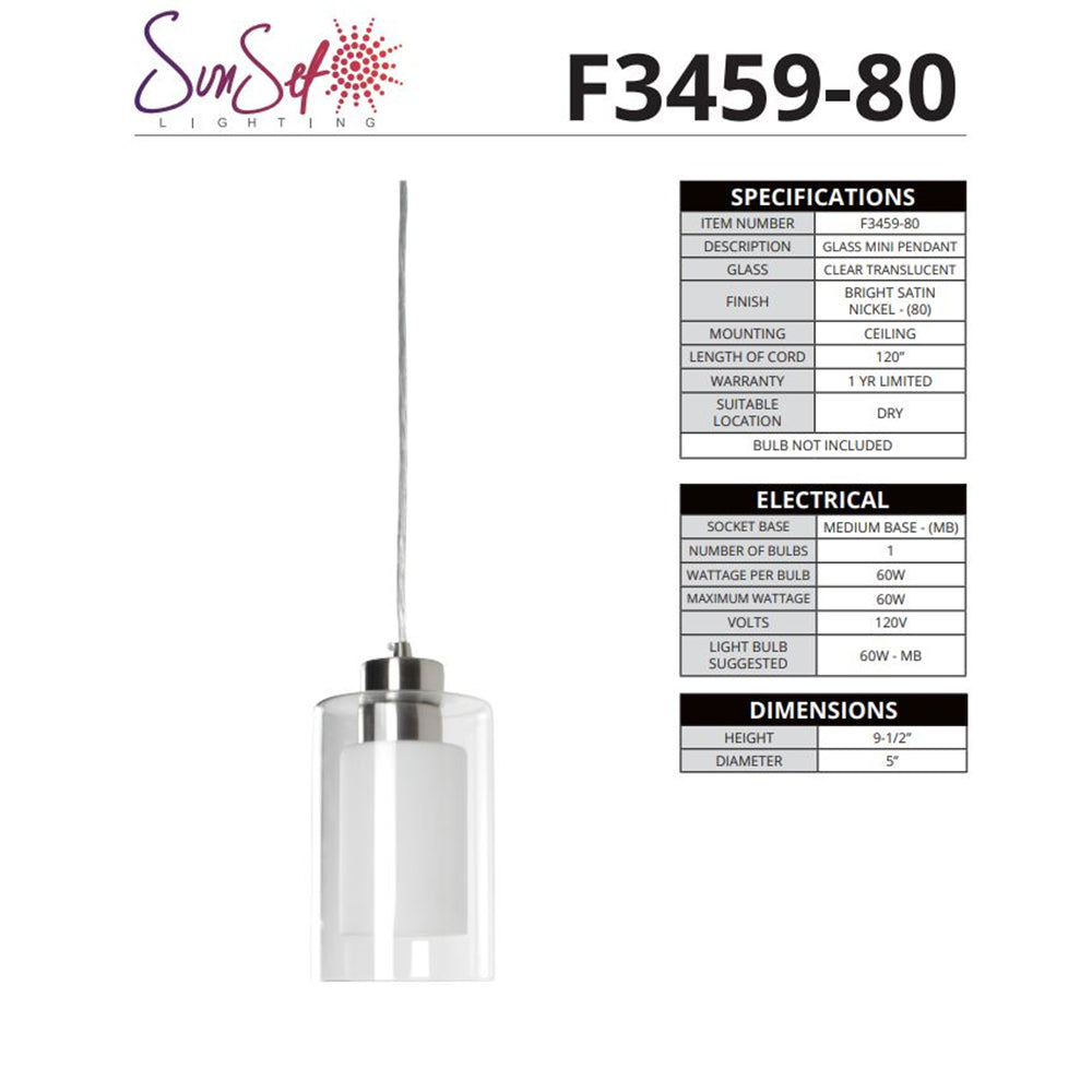 Sunset Lighting 1-Light Glass 60W Mini Pendant Bright Satin Nickel Satin - F3459-80