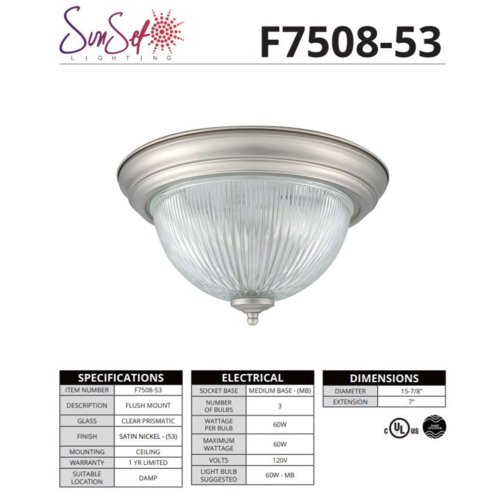 Sunset Lighting F7508-53 3-Light 15" Convertible Flush Mount, Satin Nickel Finish Clear Prismatic Glass