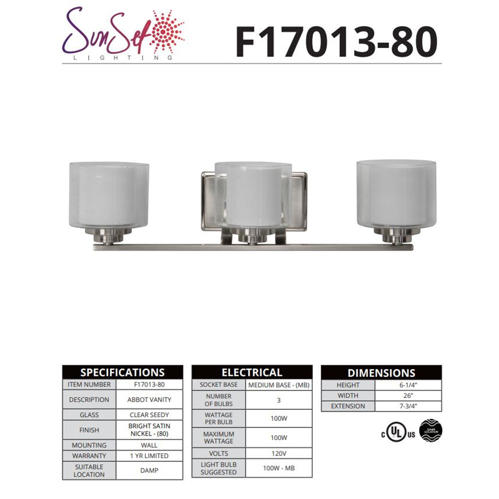 Sunset Lighting 3-Light Vanity, 100W Bright Satin Nickel - F17013-80
