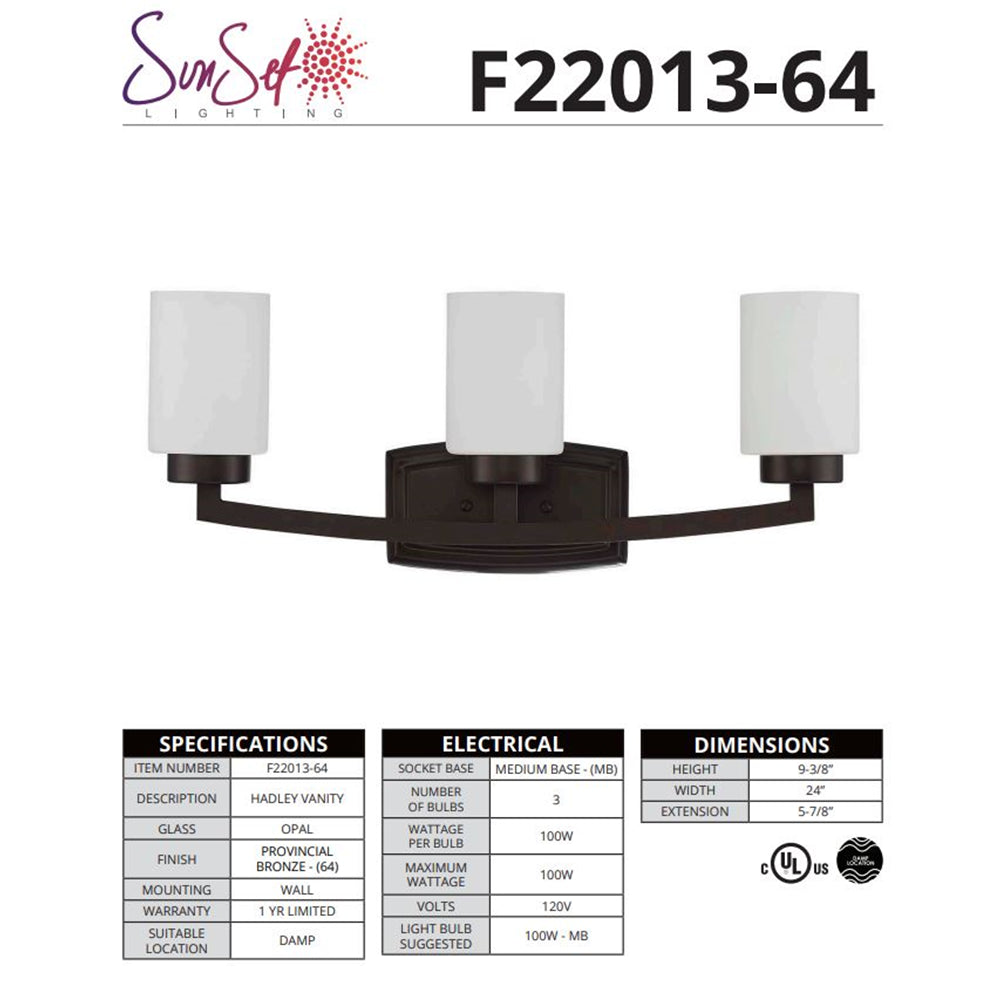Sunset Lighting 3-Light Sunset Vanity 100W Provincial Bronze - F22013-64