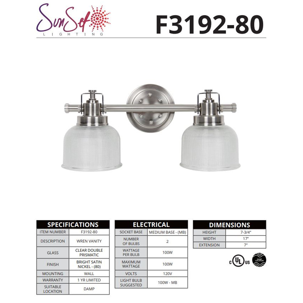Sunset Lighting 2-Light 100W Mb Wren Vanity Bright Satin Nickel F3192-80