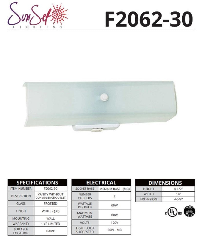 Sunset Lighting 14" W/M Bath Light with Opal Glass, White Finish - F2062-30