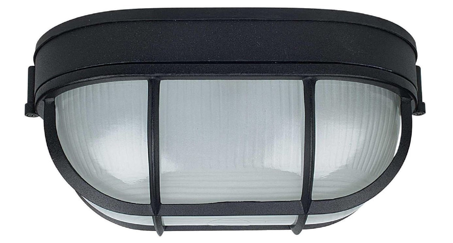 Sunset Lighting 11" Oval Bulkhead Outdoor Flush Mount with Frosted Prismatic Glass, Black Finish F7991-31