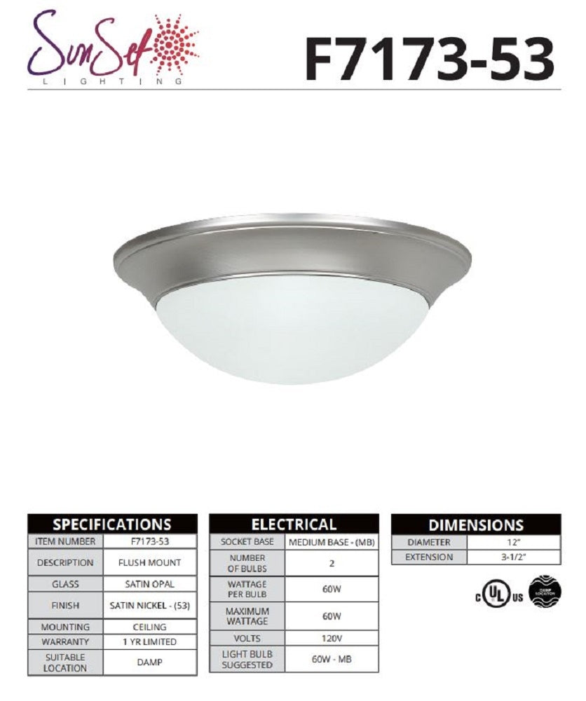 Sunset Lighting 2-Light 60W MB Flush Mount Ceiling Light Suitable Damp Locations F7173-53