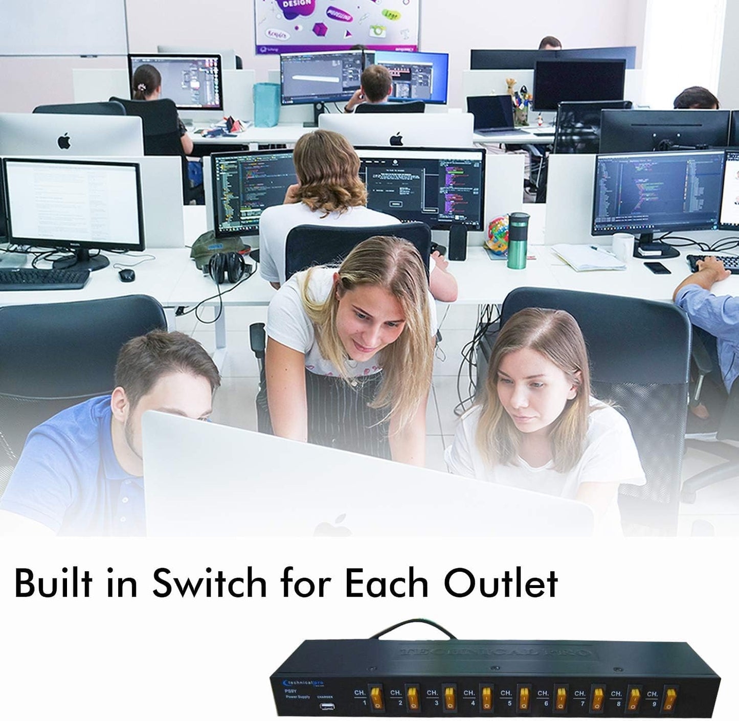 Technical Pro PS9Y Electric Power Supply w/ 9 Power switches, 1800 Watt Max Load | 5V USB Charging Port, (4 Foot)