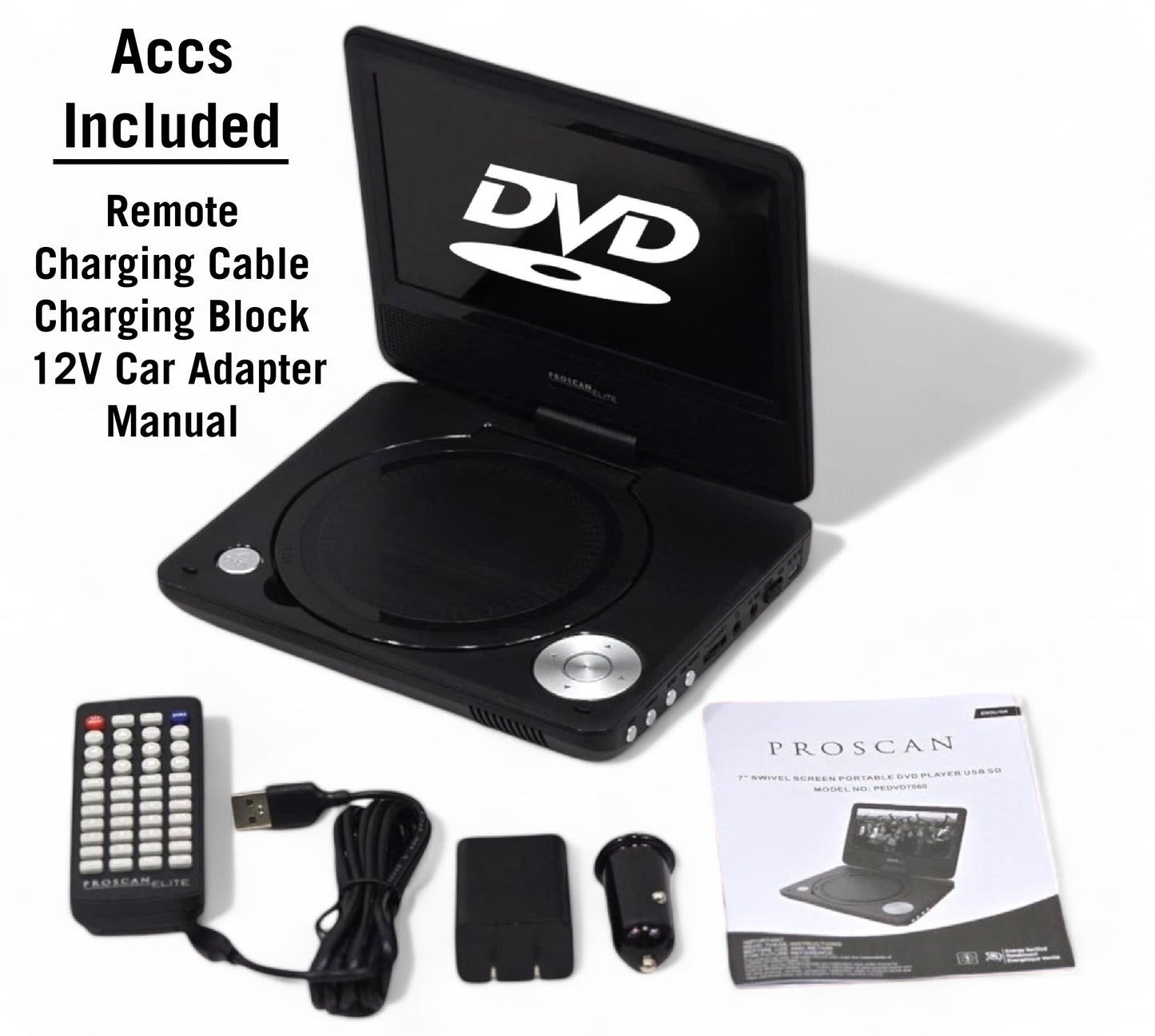 Proscan Elite Portable 7" Swivel Screen DVD Player SD Card 2.5 Battery PEDVD7060