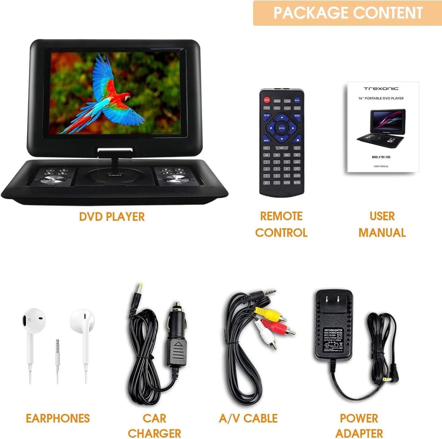 Trexonic TRX-1580 14.1 Inches Portable DVD Player with TFT-LCD Screen & USB, SD & AV Inputs