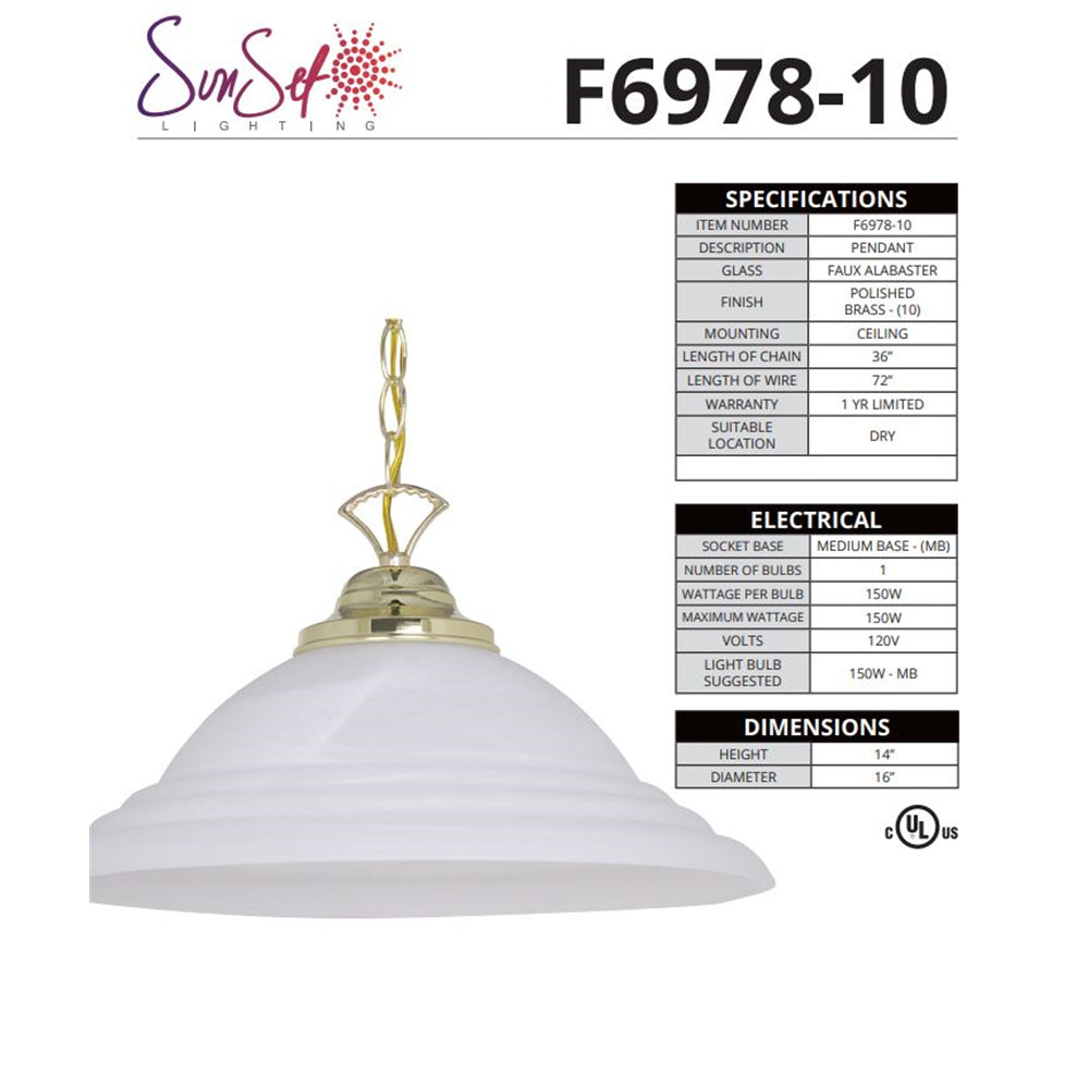 Sunset Lighting 16" Pendant with Faux Alabaster Glass, Polished Brass Finish F6978-10