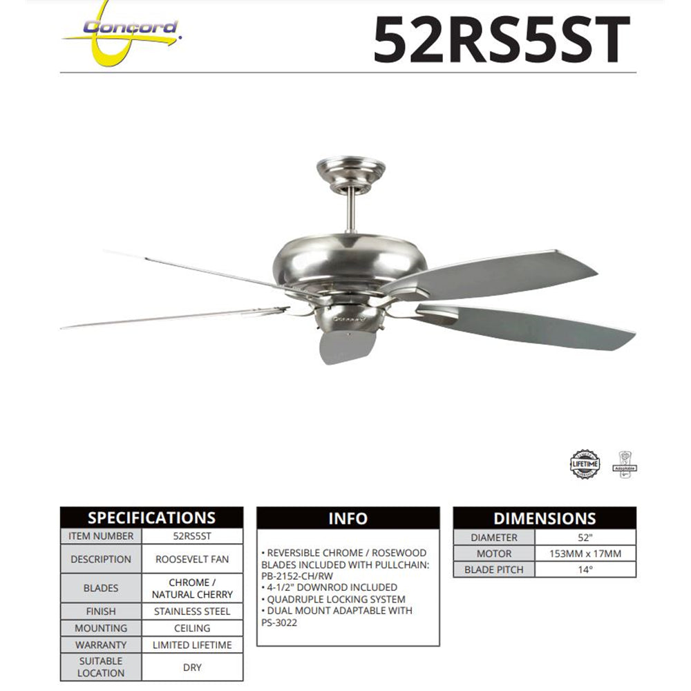 Concord Fans Roosevelt 52" Ceiling Fan Stainless Steel 52RS5ST