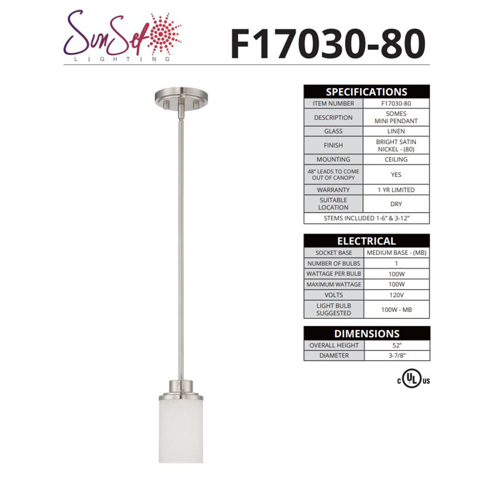 Sunset Lighting F17030-80 Somes One Light Mini Pendant Linen Glass, Dimmable Bright Satin Nickel Finish