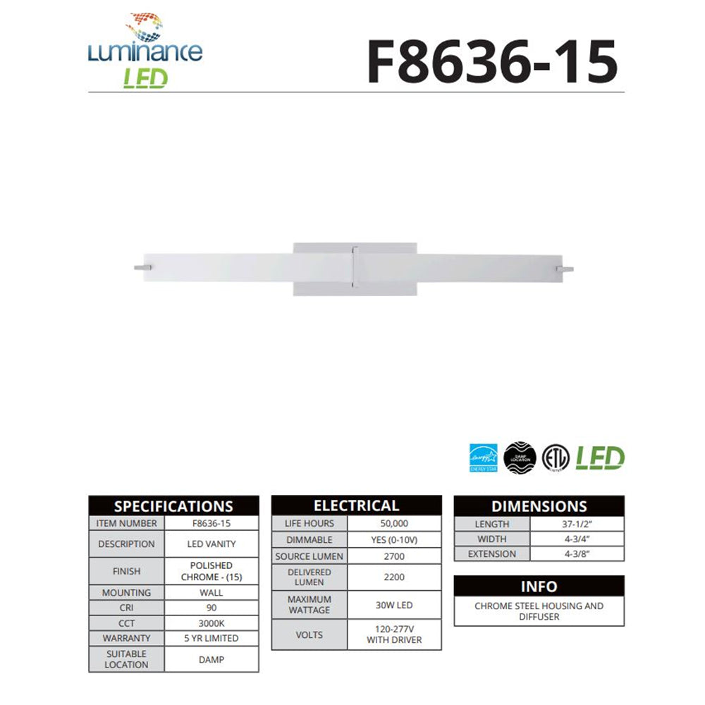 Luminance 37-1 by 2" Vanity 30W 3000K 2200LM Dimmable F8636-15 LED
