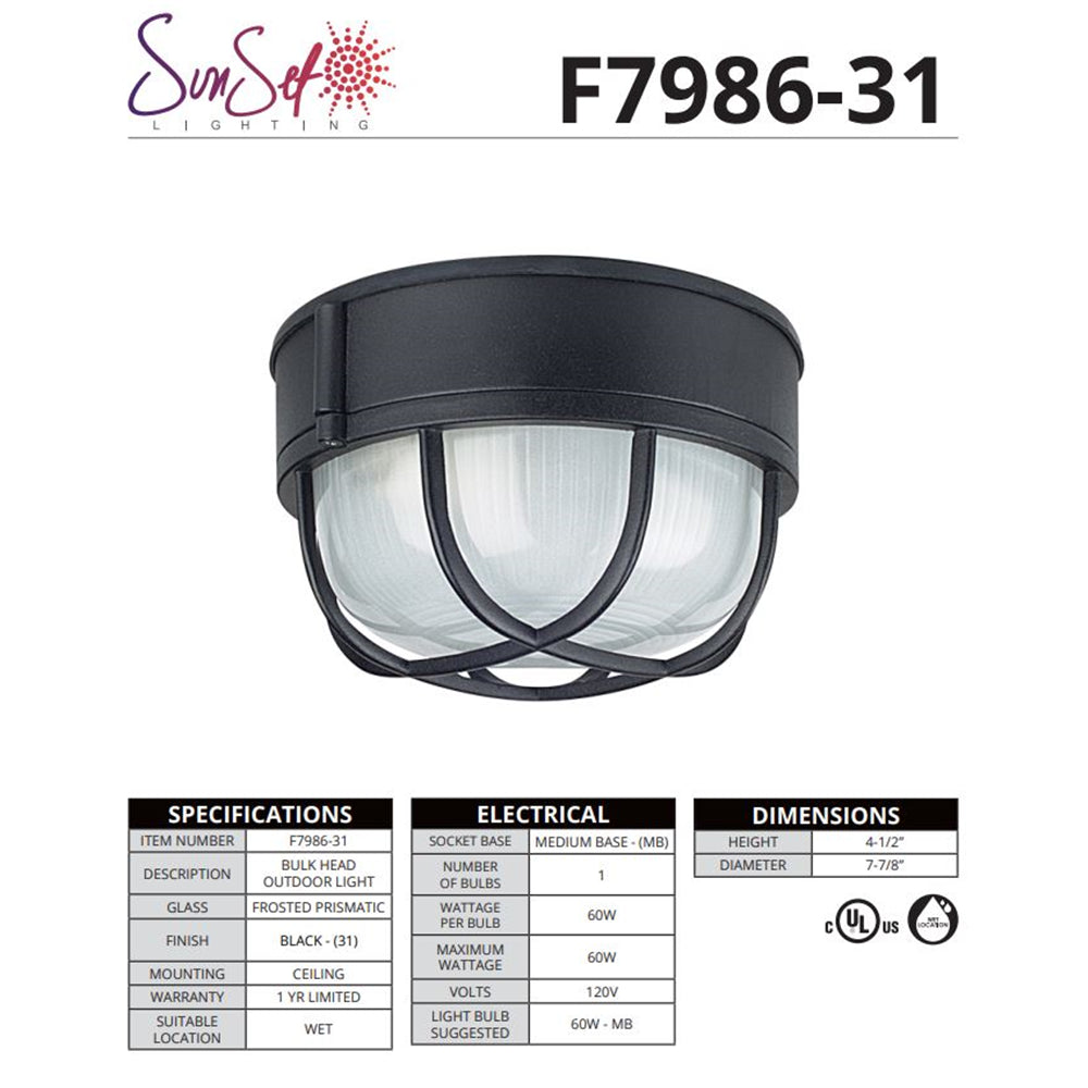Sunset Lighting Outdoor Flush Mount Frosted Prismatic Glass, 7-7/8” F7986-31