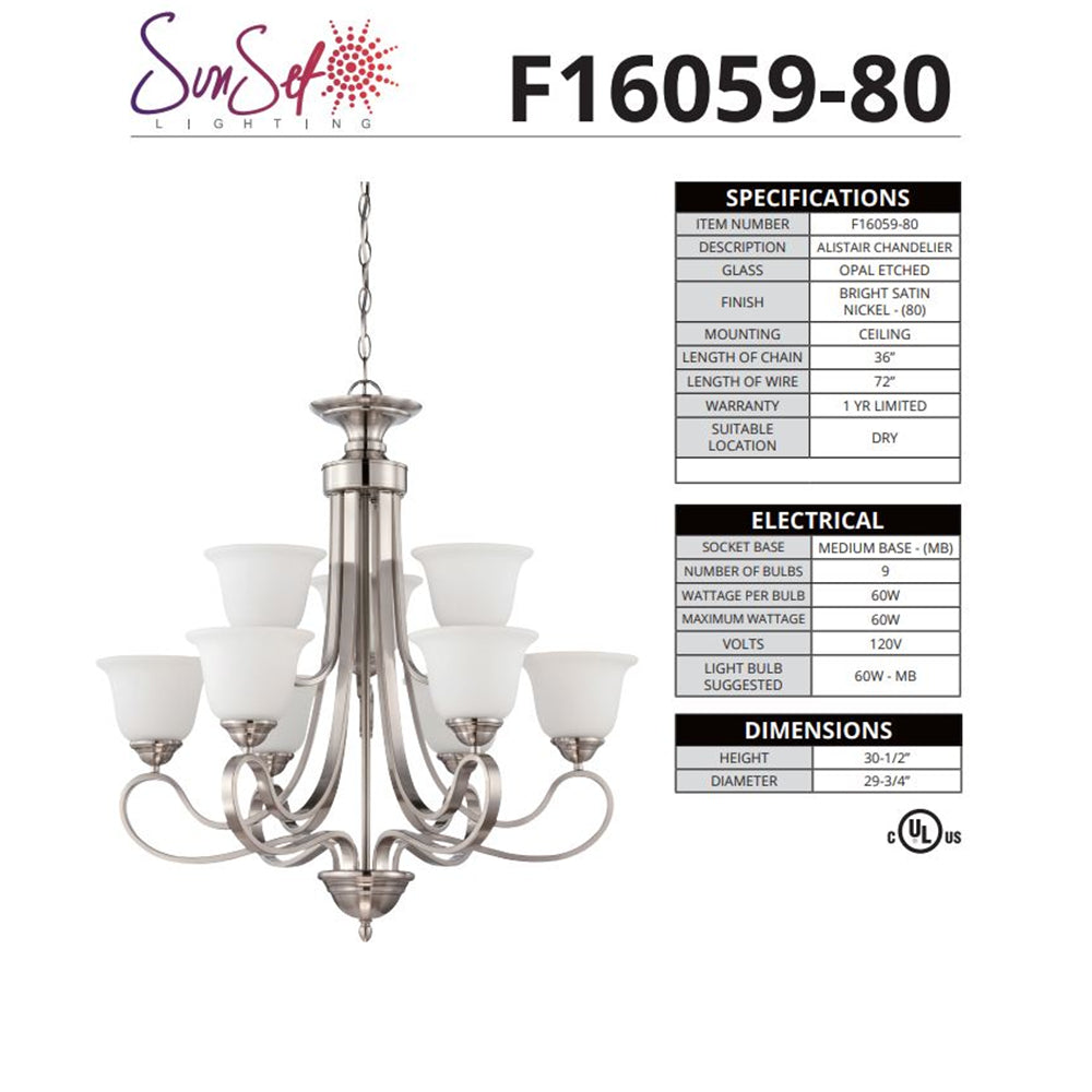 Sunset 9-Light 2 Tiers 60W Chandelier Bright Satin Nickel F16059-80