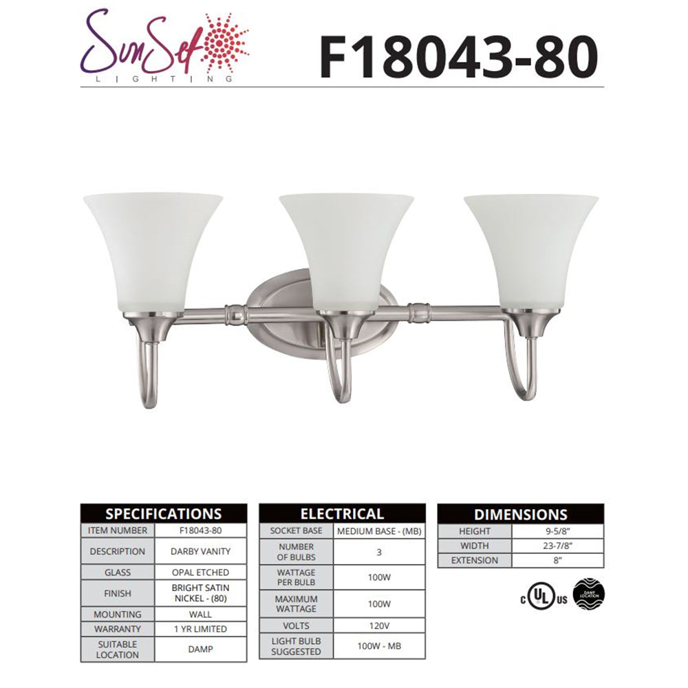Sunset 3-Light Darby Vanity 100W Bright Satin Nickel F18043-80