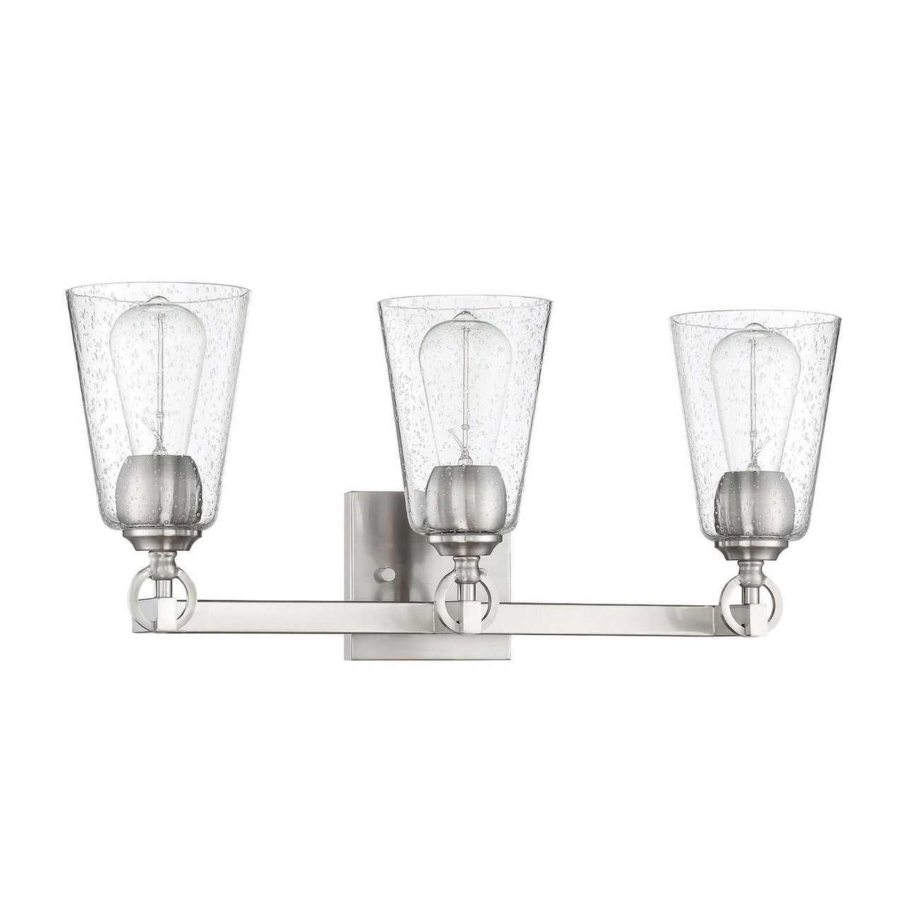 Sunset Lighting Arden 3-Light Vanity Clear Seedy Steel Round Glass 100W w/ Bright Satin Nickel Finish F7223-80