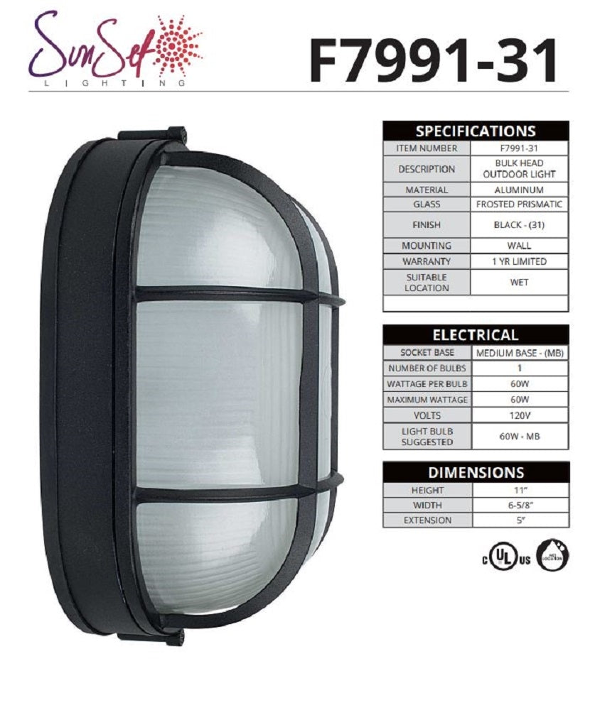 Sunset Lighting 11" Oval Bulkhead Outdoor Flush Mount with Frosted Prismatic Glass, Black Finish F7991-31