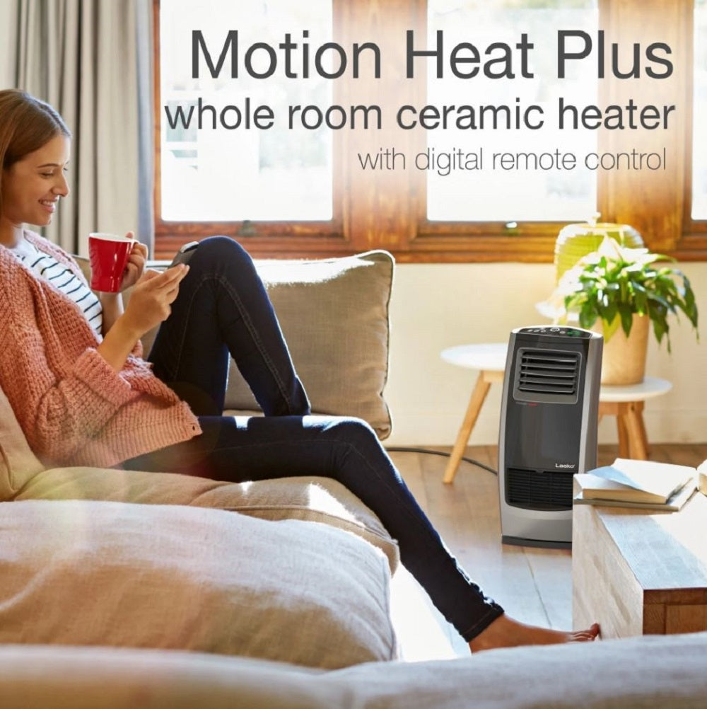 Lasko Oscillating 22.5" 1500W Motion Heat Plus Ceramic Room Heater with Remote - Black/Silver CC23185