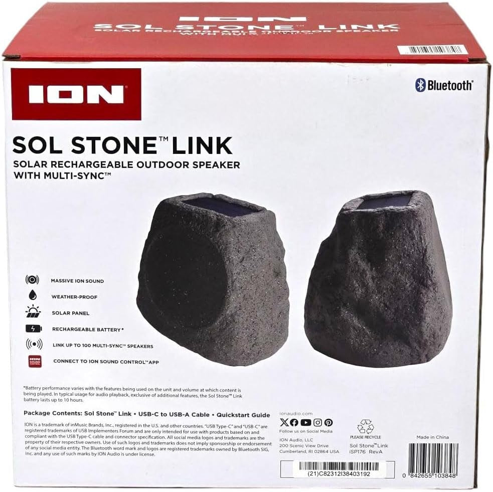 ION Audio Sol Stone Link Solar Rechargeable Outdoor Speaker with Multi-Sync ISP176