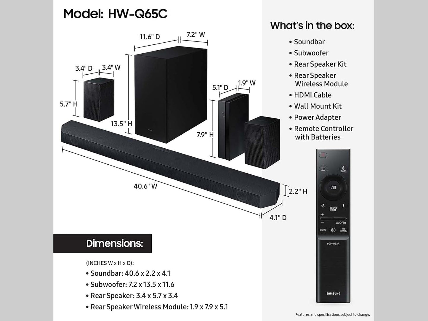 Samsung 5.1 Ch Sound Bar w/ Subwoofer Q-Symphony & Dolby ATMOS - HW-Q65C