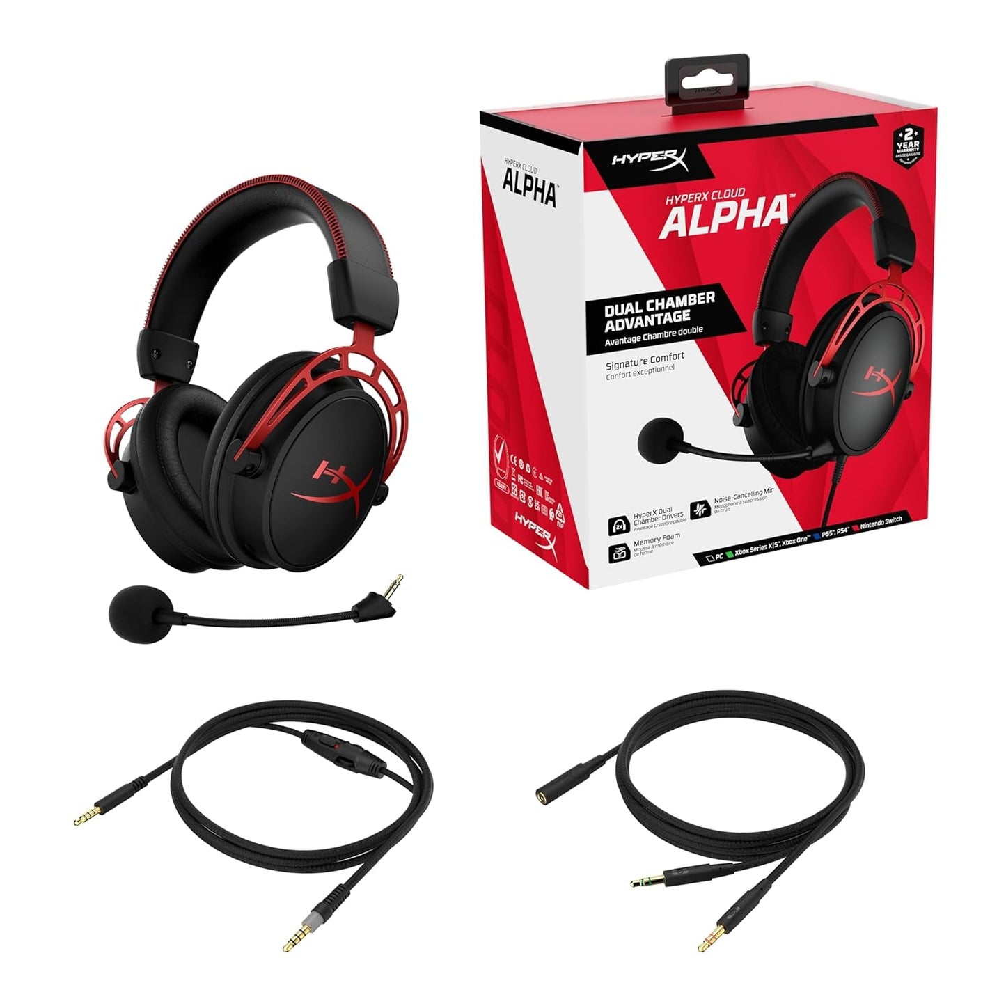 HyperX Cloud Alpha Wired Gaming Headset for PC, Xbox X|S, Xbox One, PS5, PS4, Nintendo Switch Black/Red HX-HSCA-RD