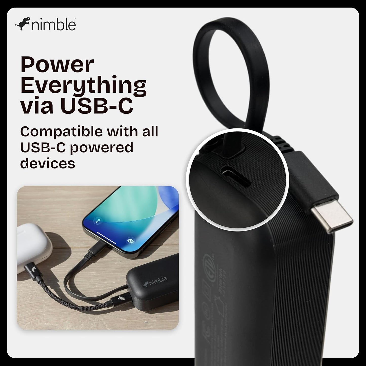 Nimble Wally Pro 20, 2-in-1 Portable Wall Charger + 5,000mAh Power Bank with Foldable Plug, Built-in USB-C Cable