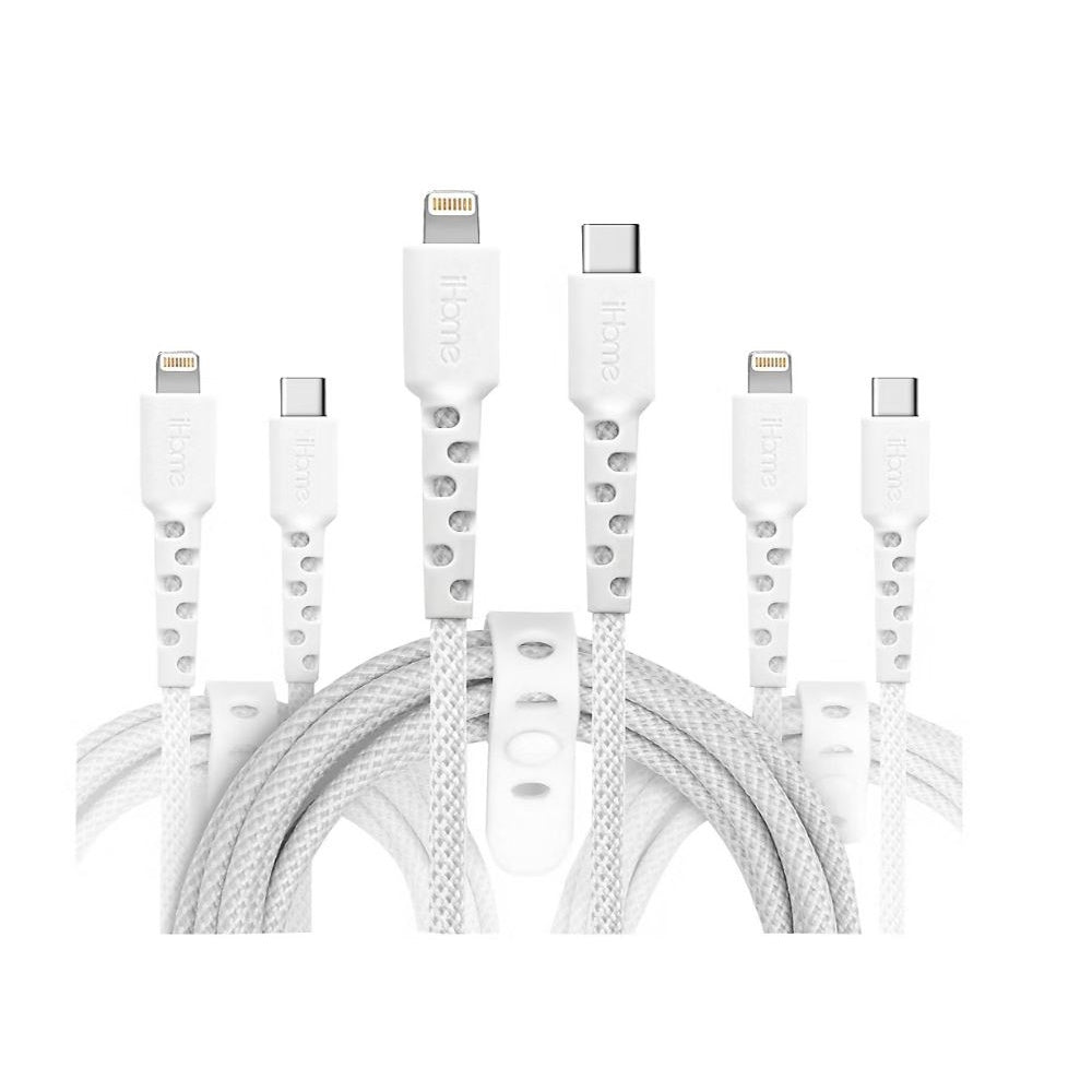 iHome TPE Durastrain Lightning to USB-C Nylon Braided Charging Cable with Silicone Wrap, 3 pk.