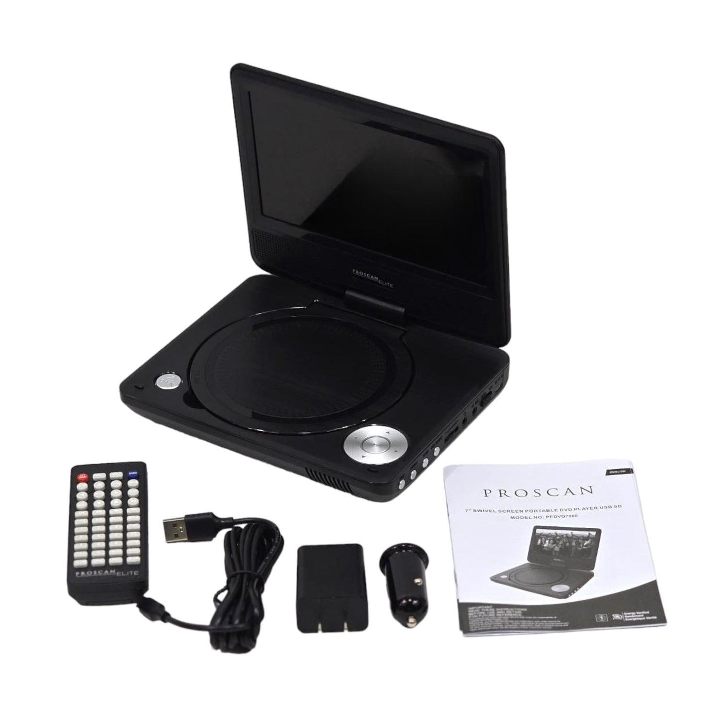 Proscan Elite Portable 7" Swivel Screen DVD Player SD Card Slot 2.5 Battery Black PEDVD7060