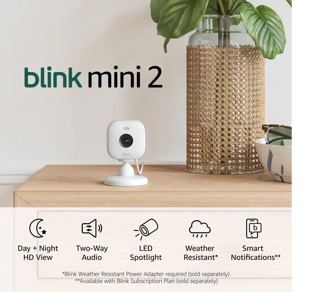 Blink 2pk Outdoor Camera with Mini 2 Camera, Weather Resistant 13' Power Adapter