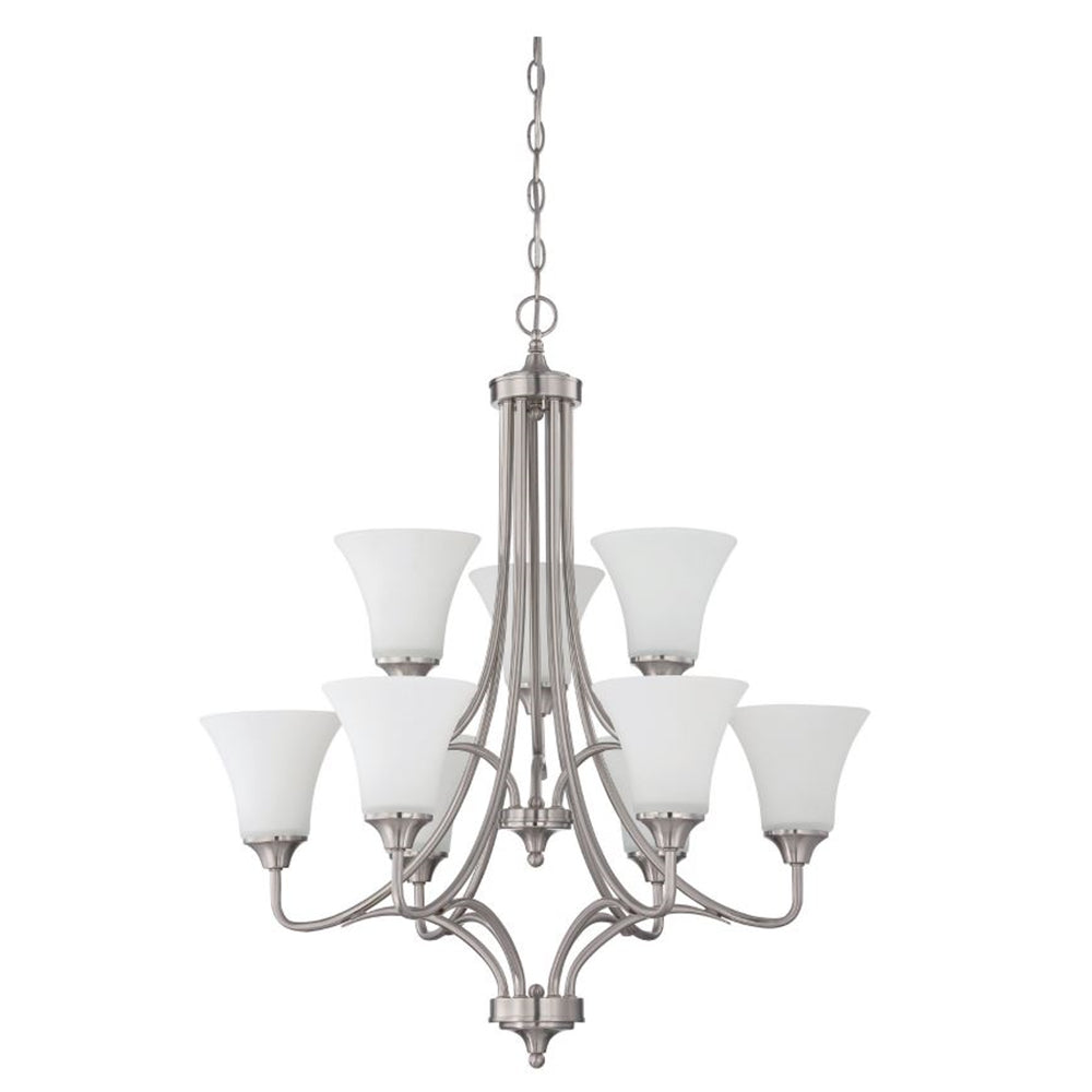 Sunset Lighting Darby 9-Light 2-Tier Chandelier 60W Opal Etched Glass, Dimmable Bright Satin Nickel Finish F18059-80