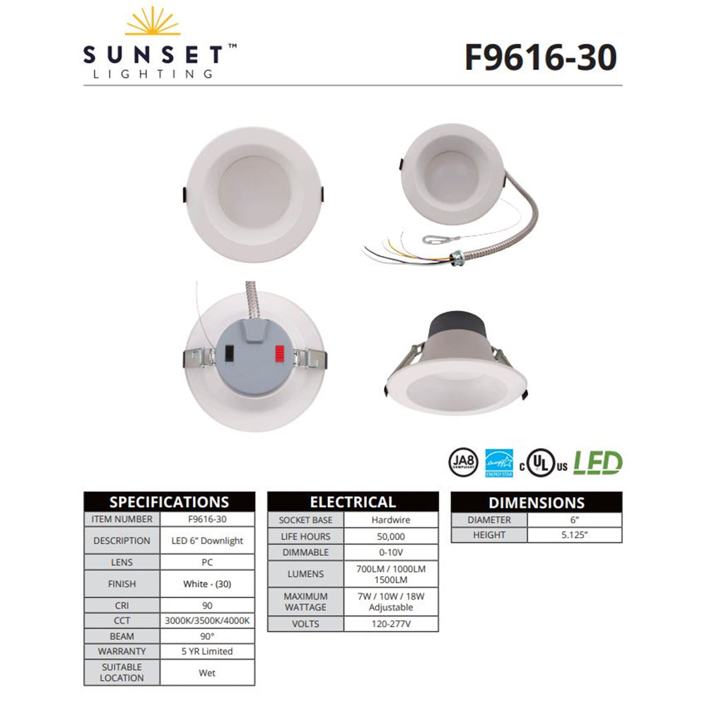 Luminance Sunset Lighting F9616-30 Pro Fixture ES Led Six Inch Downlight, Aluminum Dimmable with White Finish