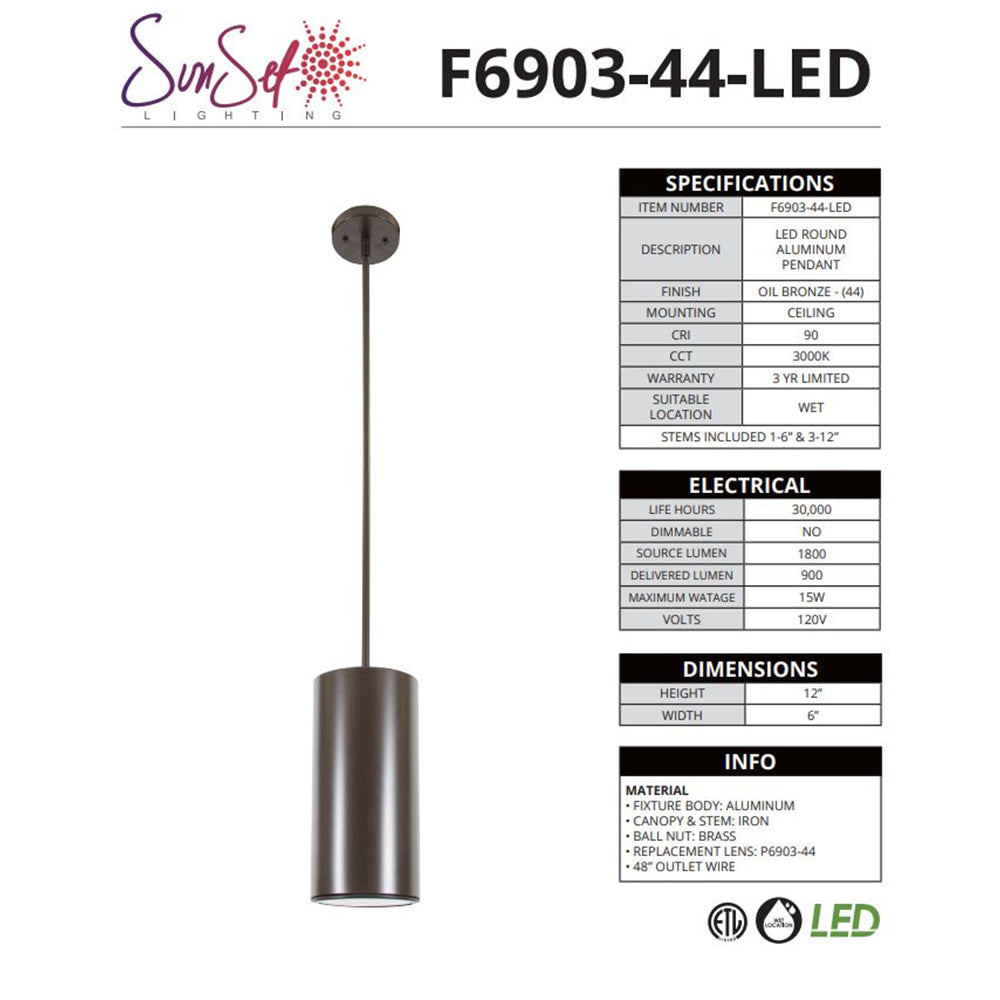 Sunset LED Round Aluminum Pendant 15W 3000K 900Lm 90CRI Oil Bronze F6903-44-LED