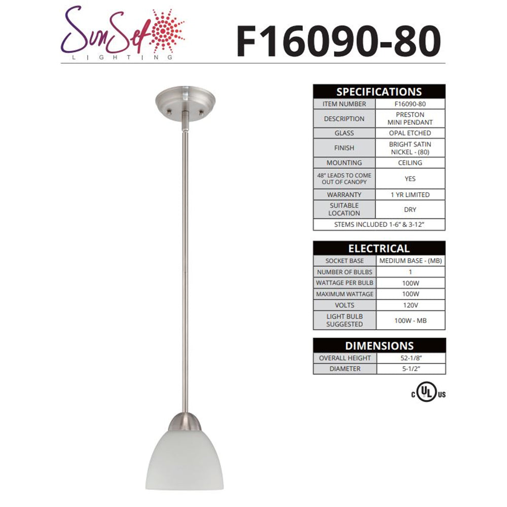 Sunset Lighting Preston 1-Light Pendant 100W Provincial Bronze F16090-80
