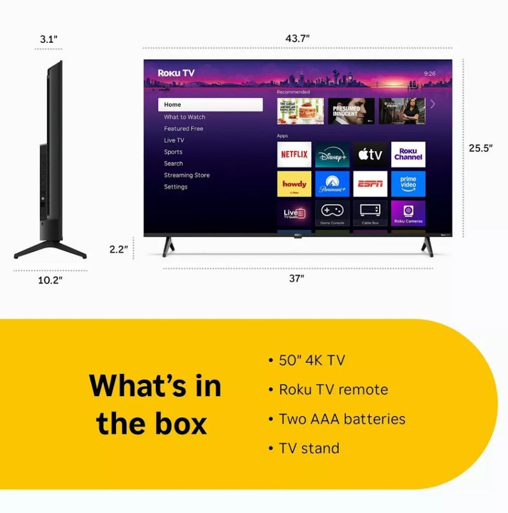 Hiro 50" 4K LED Roku Smart TV H50C4C4 60Hz HDR10 Apple Airplay 16:9 Aspect Ratio